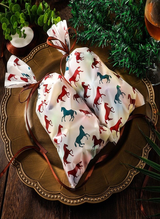 Tenare 100 Pieces Cowboy Goodie Bags Western Racing Horse Cellophane Bags Cowboy Cowgirl Party Favors with a Roll of Brown Ribbon for Candy Chocolate Snacks Cookies Themed Party Supplies - Image 3